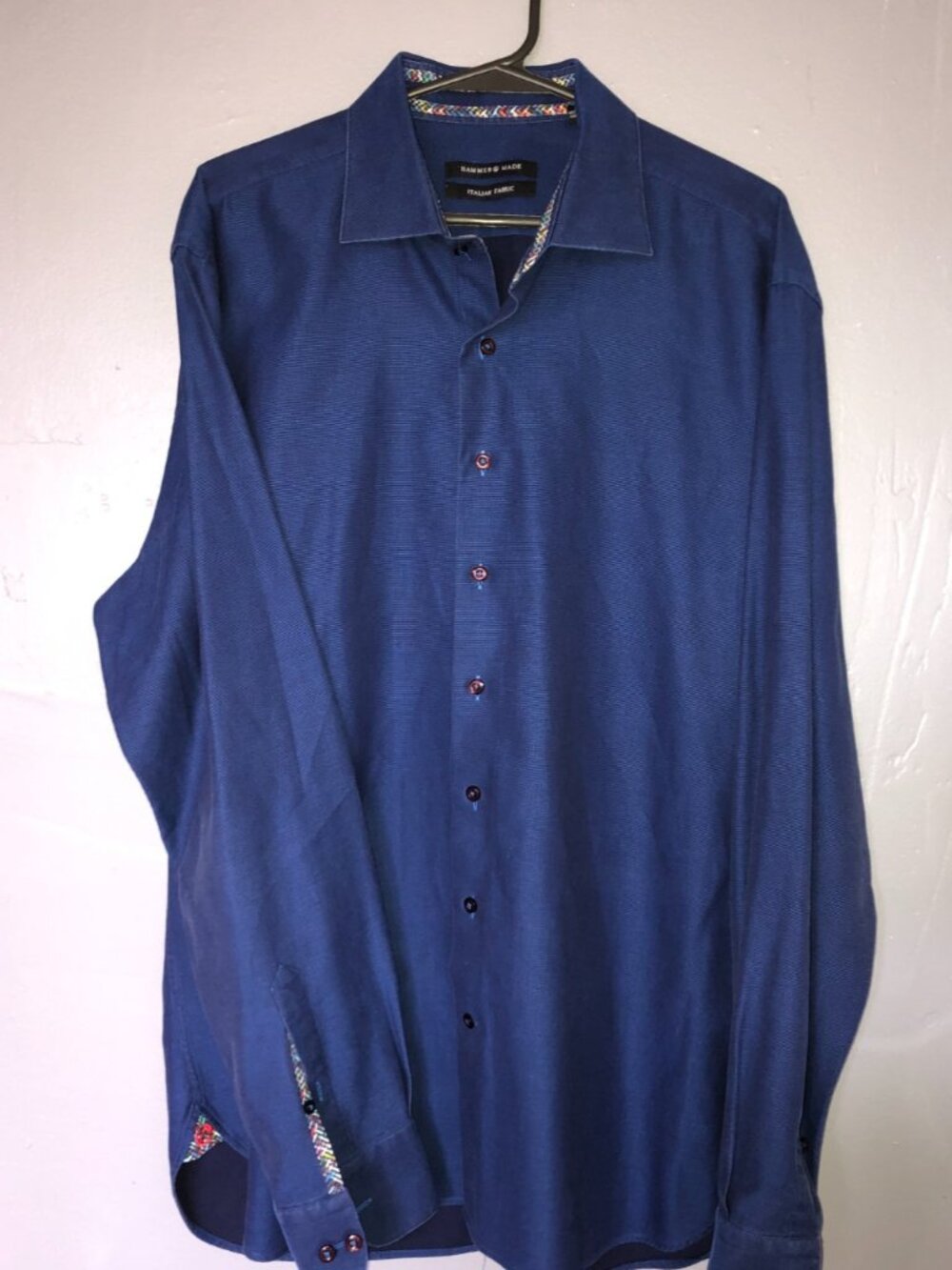 Hammer Made Shirt Mens 44/17.5  Blue Slim Fit Dress Long Sleeve Italian Fabric